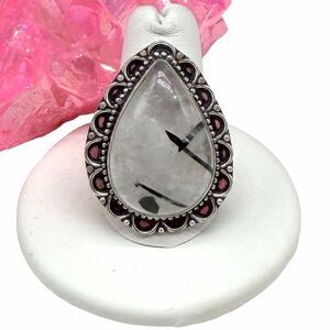 Black Rutilated Quartz Ring Size 10.5 925 Sterling Silver Overlay Tourmaline